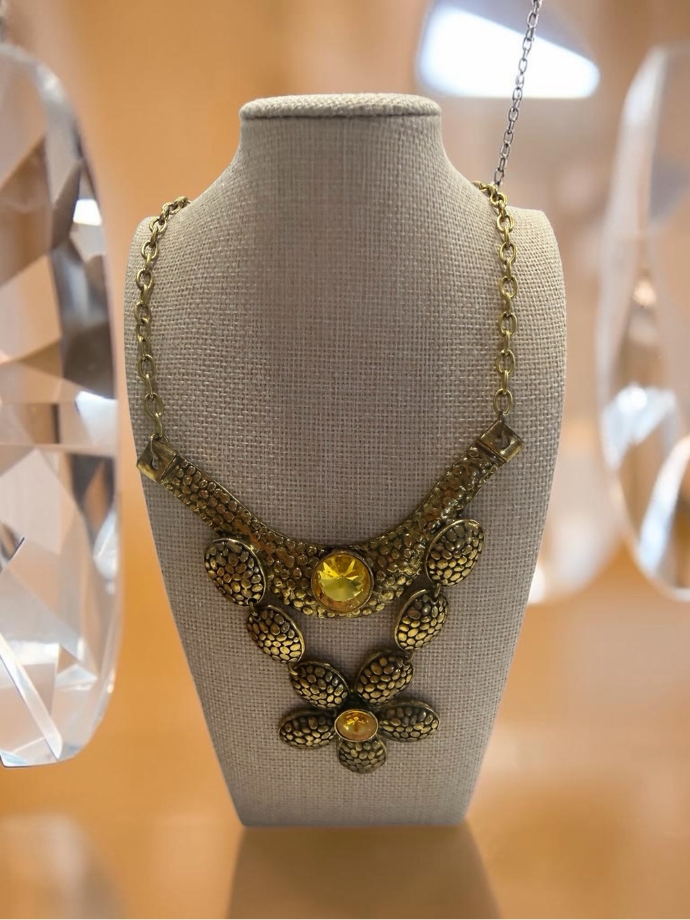 Gold-Tone Yellow Gem Floral Statement Necklace